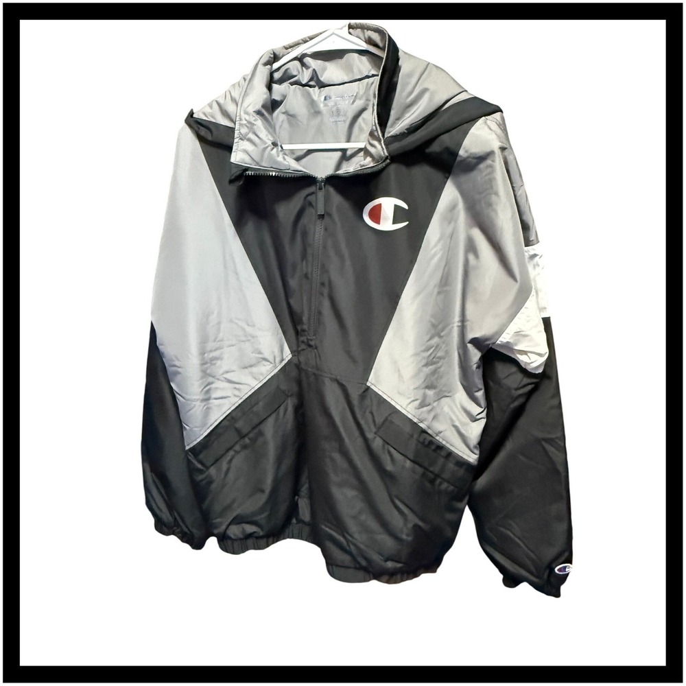 NWT Champion Authentic Athleticwear Pullover Jacket Windbreaker‎ Black Gray Mens